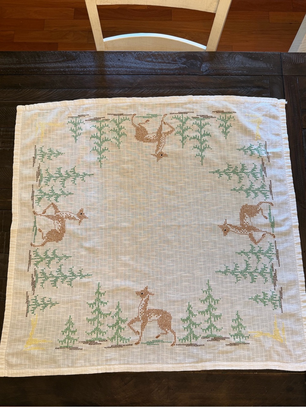 Vintage Cross Stitch Deer and Trees Square Table Cloth 32x33